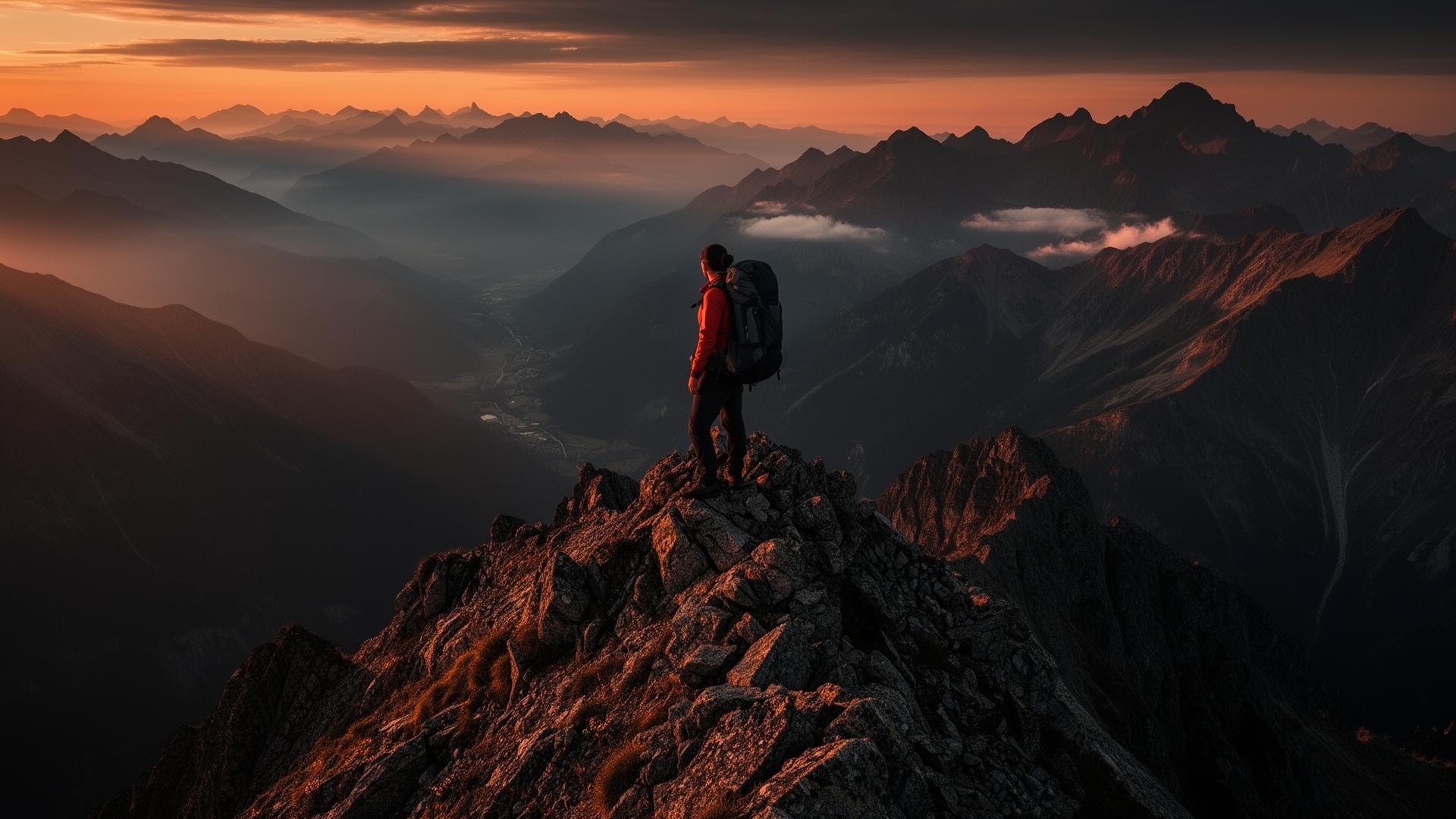 Hiker on a mountain summit at golden hour overlooking misty peaks